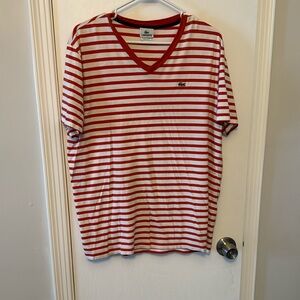Lacoste Red and White Striped V-Neck Shirt size 8 or XXL